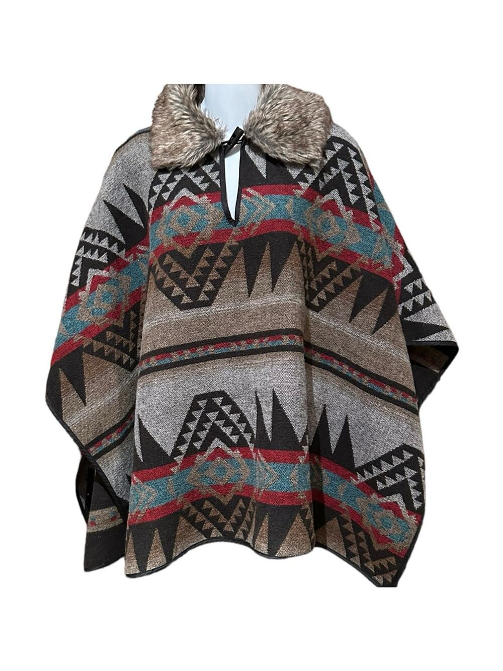 Forever 21 Womens Aztec Weave Blanket Style Poncho w/ Removable Faux Fur Collar